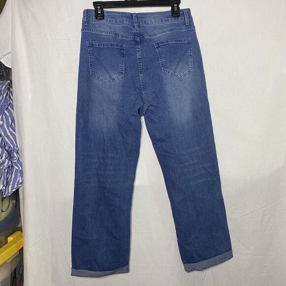 Womens Jeans Button Fly Distressed Cuffed Hem Cropped High Rise Denim Dark L - Picture 2 of 8